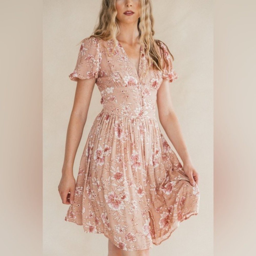Jessakae Fairfarren Boho Cottagecore Prairie Floral Neutral Puff Sleeve Dress - Picture 2 of 12